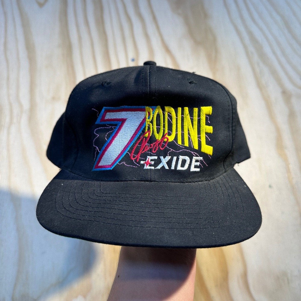 Vintage Geoff Bodine Exide Racing Snapback Hat Black Neon 90s NASCAR KC Cap